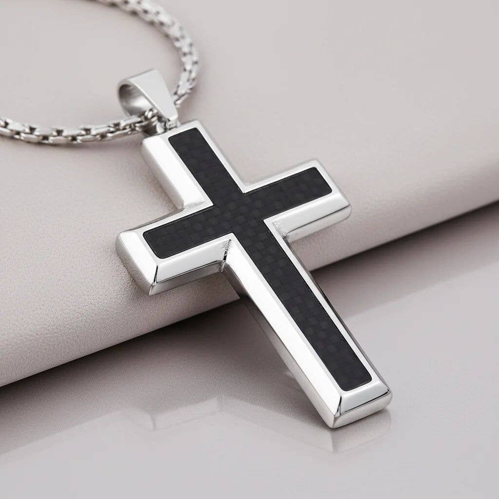 Black Carbon Fiber Cross Stainless Steel Keychain or Necklace