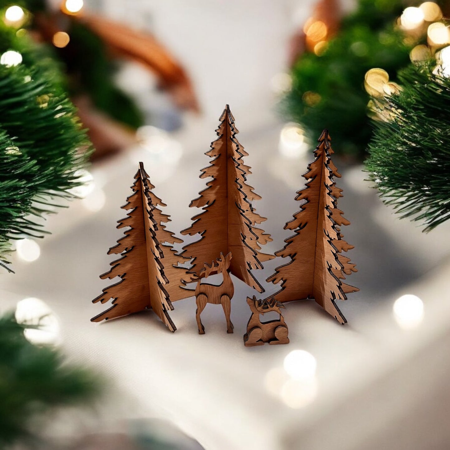 5 Piece Wooden Trees and Deer Set