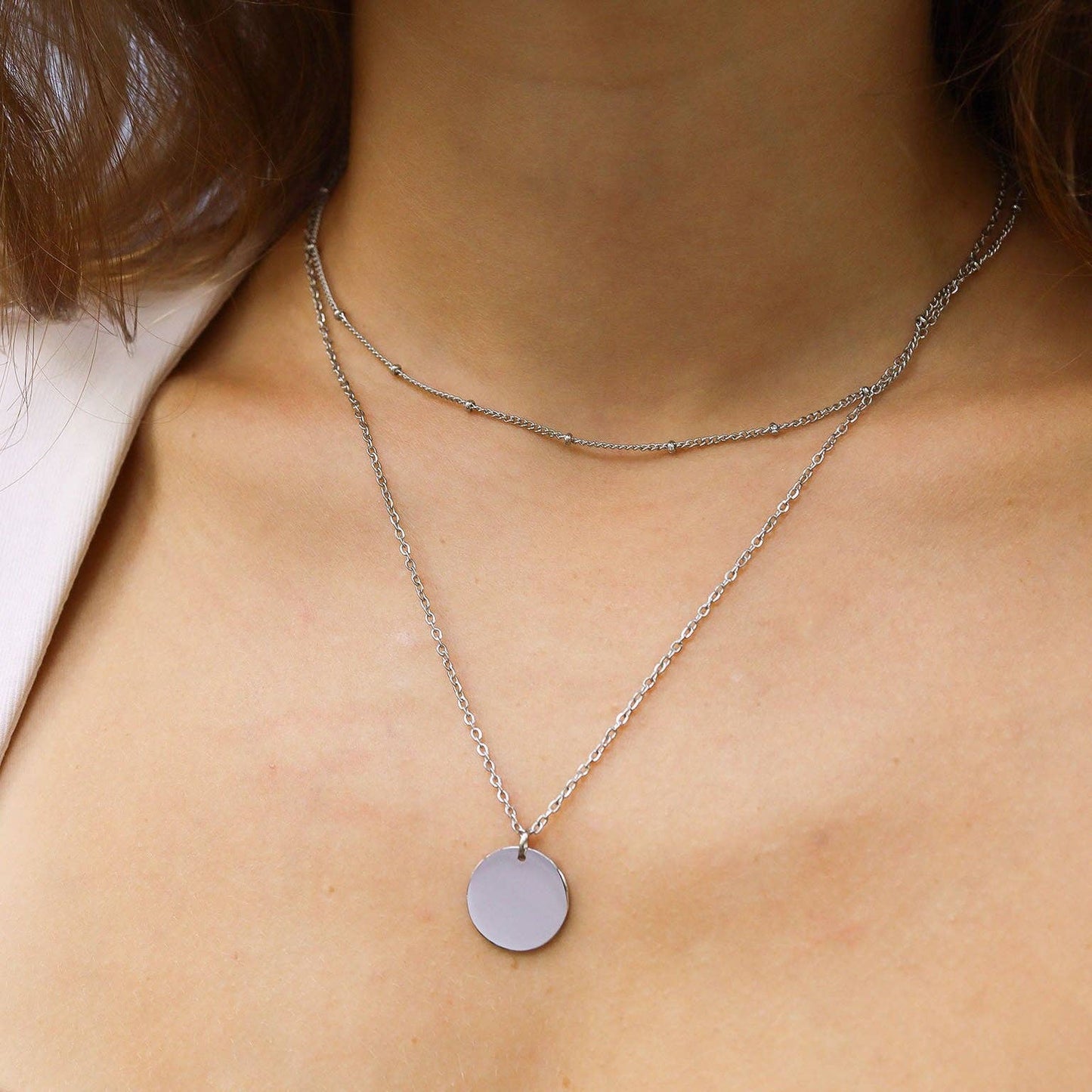 Engravable Loop and Satellite Chain Blank Disk Layered Necklace