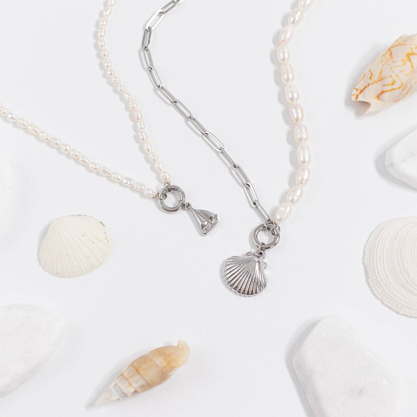 Freshwater Pearl Paperclip Split Chain Charm Holder Necklace