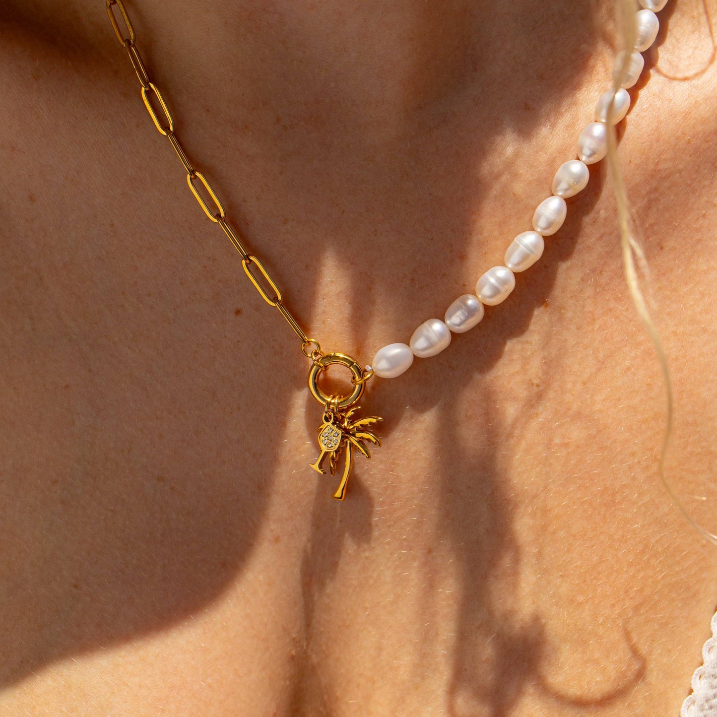 Freshwater Pearl Paperclip Split Chain Charm Holder Necklace