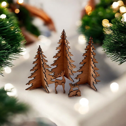 5 Piece Wooden Trees and Deer Set