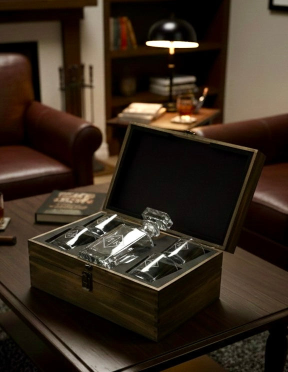 Whiskey Decanter & Glass Set in Wood Box