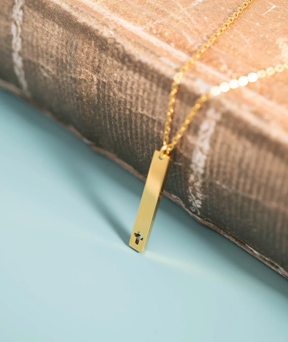 Engravable Cutout Cross Bar Necklace