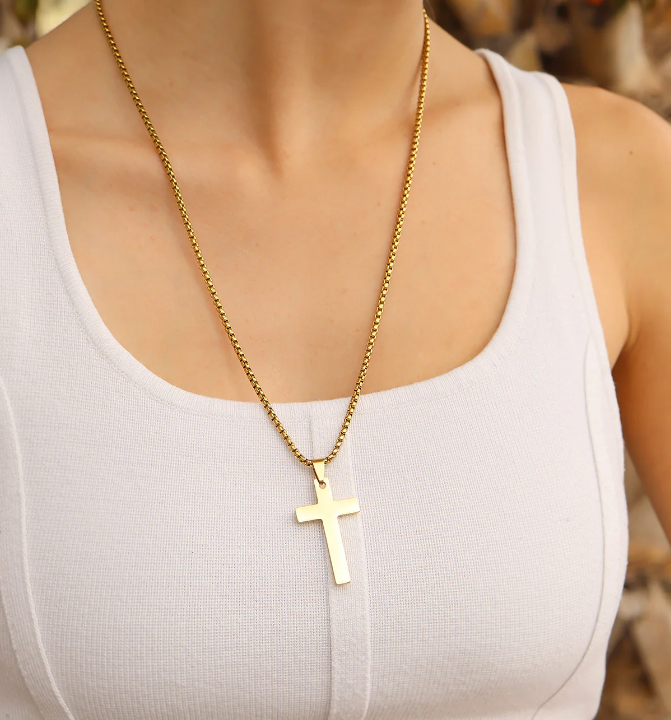 Engravable Cross Pendant With Rounded Box Chain
