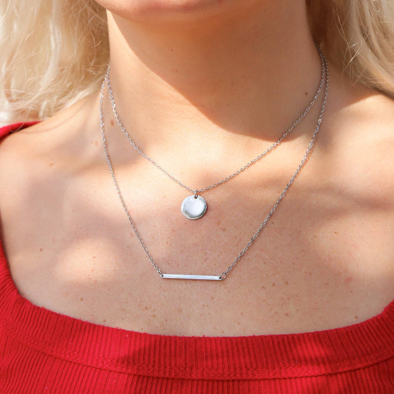 18K Gold PVD Stainless Steel Circle and Bar Layered Chain Blank Necklace